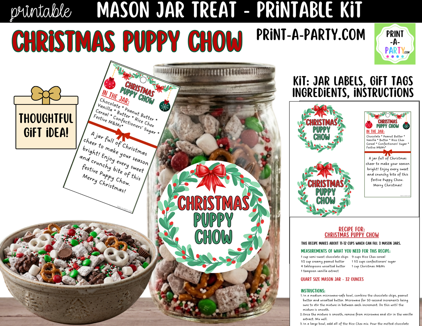 Christmas Puppy Chow in a Mason Jar Gift Printable Kit - Labels, Tag, Recipe & Instructions