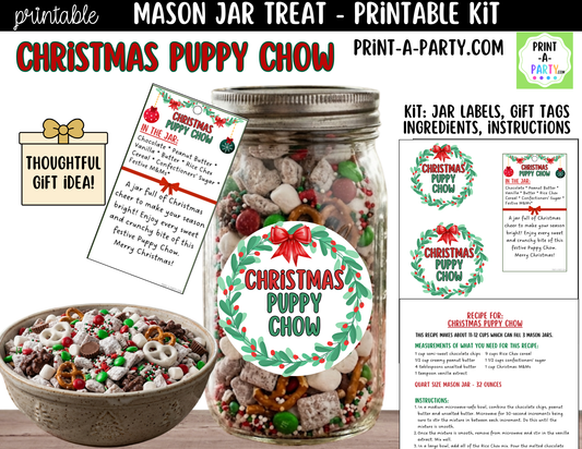 Christmas Puppy Chow in a Mason Jar Gift Printable Kit - Labels, Tag, Recipe & Instructions