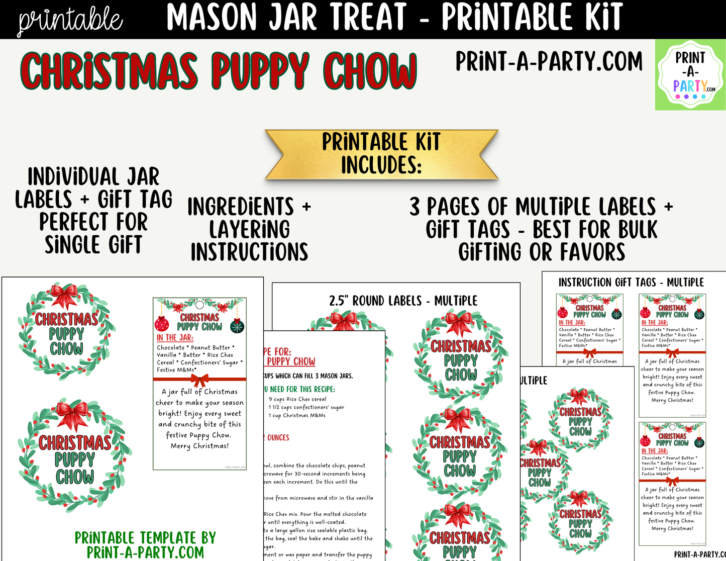 Christmas Puppy Chow in a Mason Jar Gift Printable Kit - Labels, Tag, Recipe & Instructions