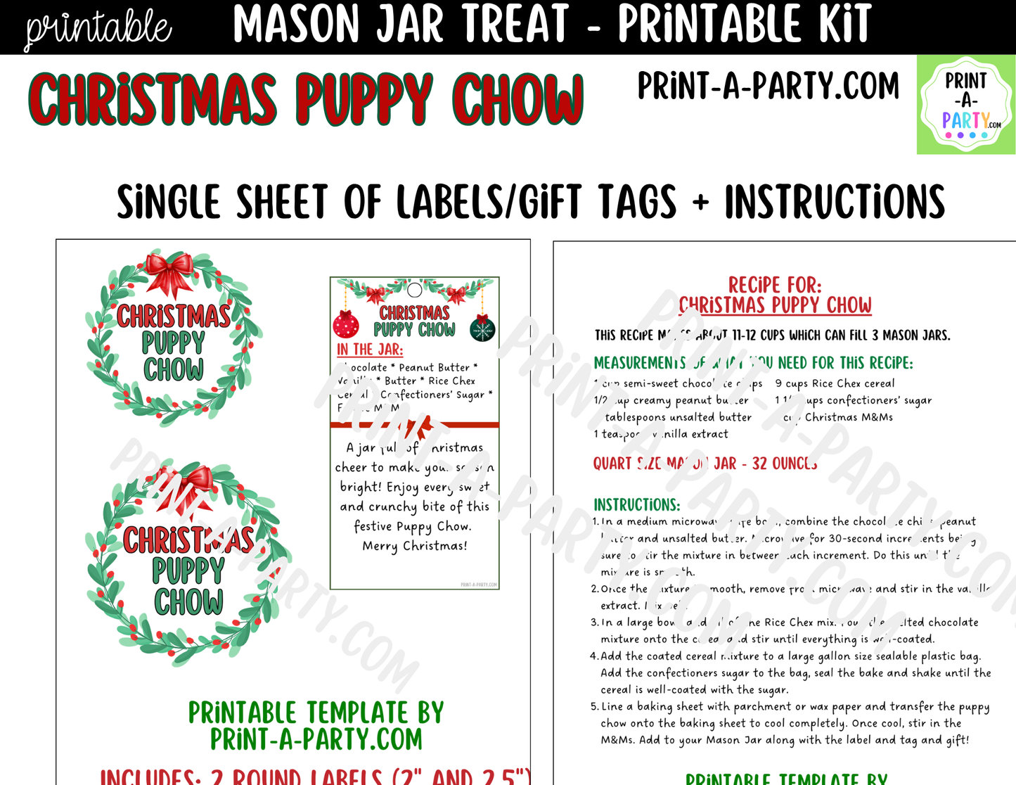 Christmas Puppy Chow in a Mason Jar Gift Printable Kit - Labels, Tag, Recipe & Instructions