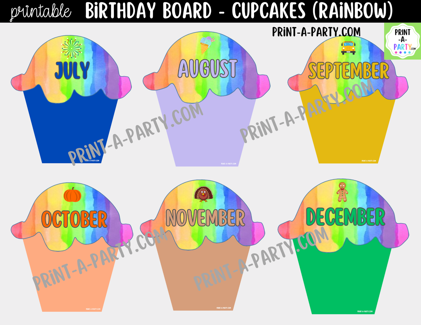 Birthday Bulletin Board Printable Display - Monthly Rainbow Cupcake Theme for Classroom Decor