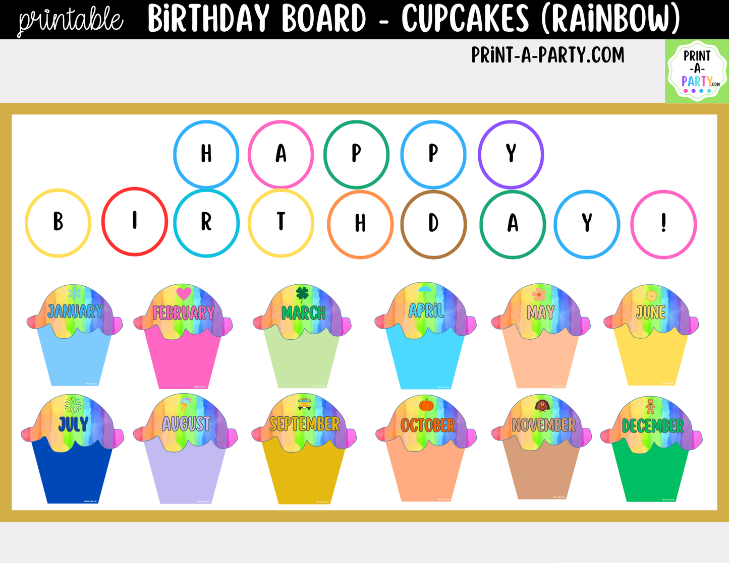 Birthday Bulletin Board Printable Display - Monthly Rainbow Cupcake Theme for Classroom Decor
