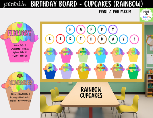 Birthday Bulletin Board Printable Display - Monthly Rainbow Cupcake Theme for Classroom Decor