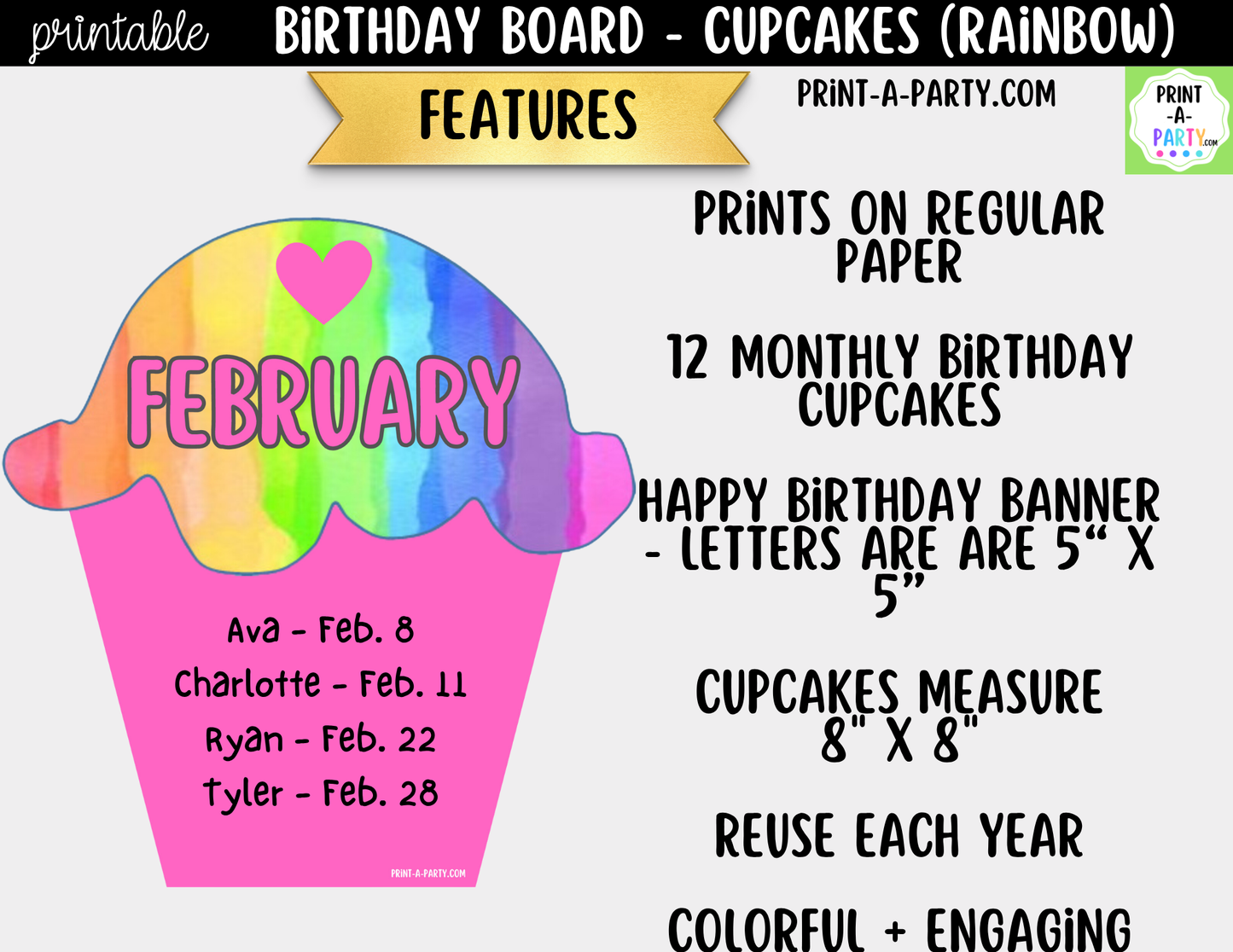Birthday Bulletin Board Printable Display - Monthly Rainbow Cupcake Theme for Classroom Decor
