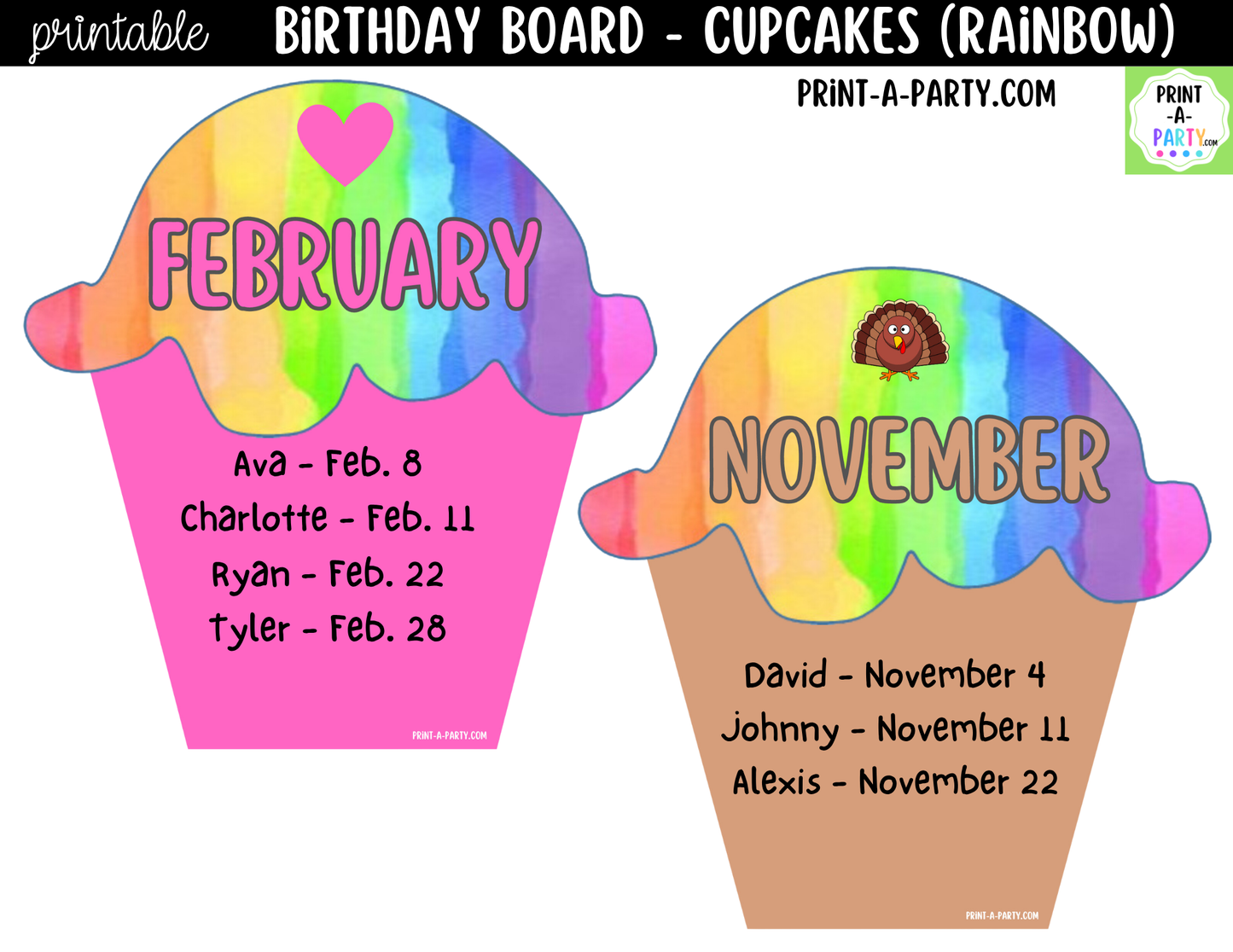 Birthday Bulletin Board Printable Display - Monthly Rainbow Cupcake Theme for Classroom Decor