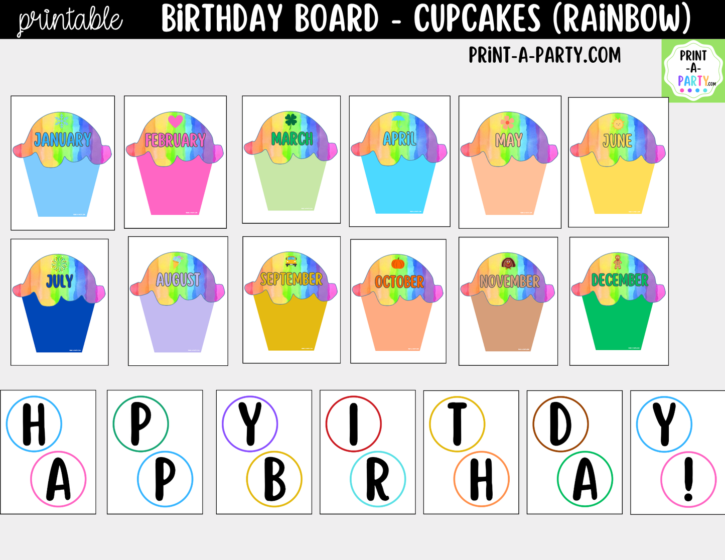 Birthday Bulletin Board Printable Display - Monthly Rainbow Cupcake Theme for Classroom Decor