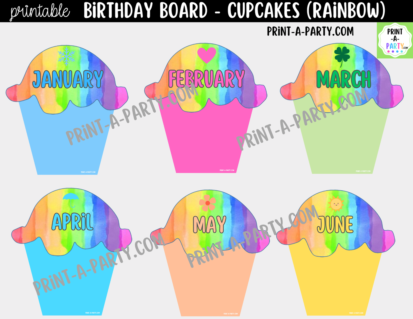 Birthday Bulletin Board Printable Display - Monthly Rainbow Cupcake Theme for Classroom Decor