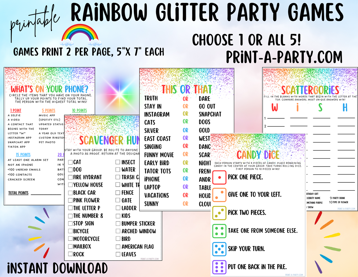 GAMES: RAINBOW GLITTER THEME | Birthday Party Games | Rainbow Party | Rainbow Party Ideas | INSTANT DOWNLOAD