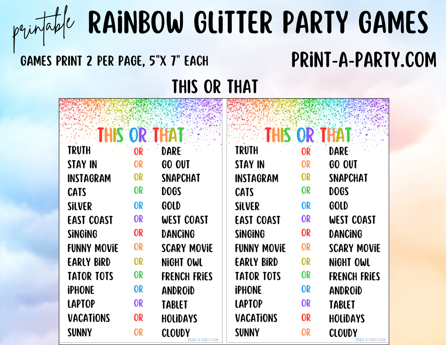 GAMES: RAINBOW GLITTER THEME | Birthday Party Games | Rainbow Party | Rainbow Party Ideas | INSTANT DOWNLOAD