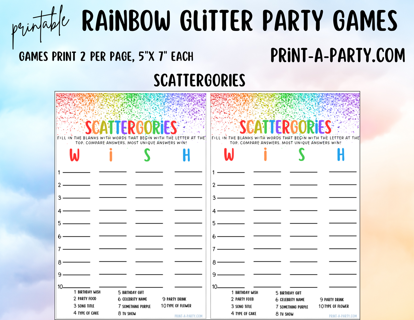 GAMES: RAINBOW GLITTER THEME | Birthday Party Games | Rainbow Party | Rainbow Party Ideas | INSTANT DOWNLOAD