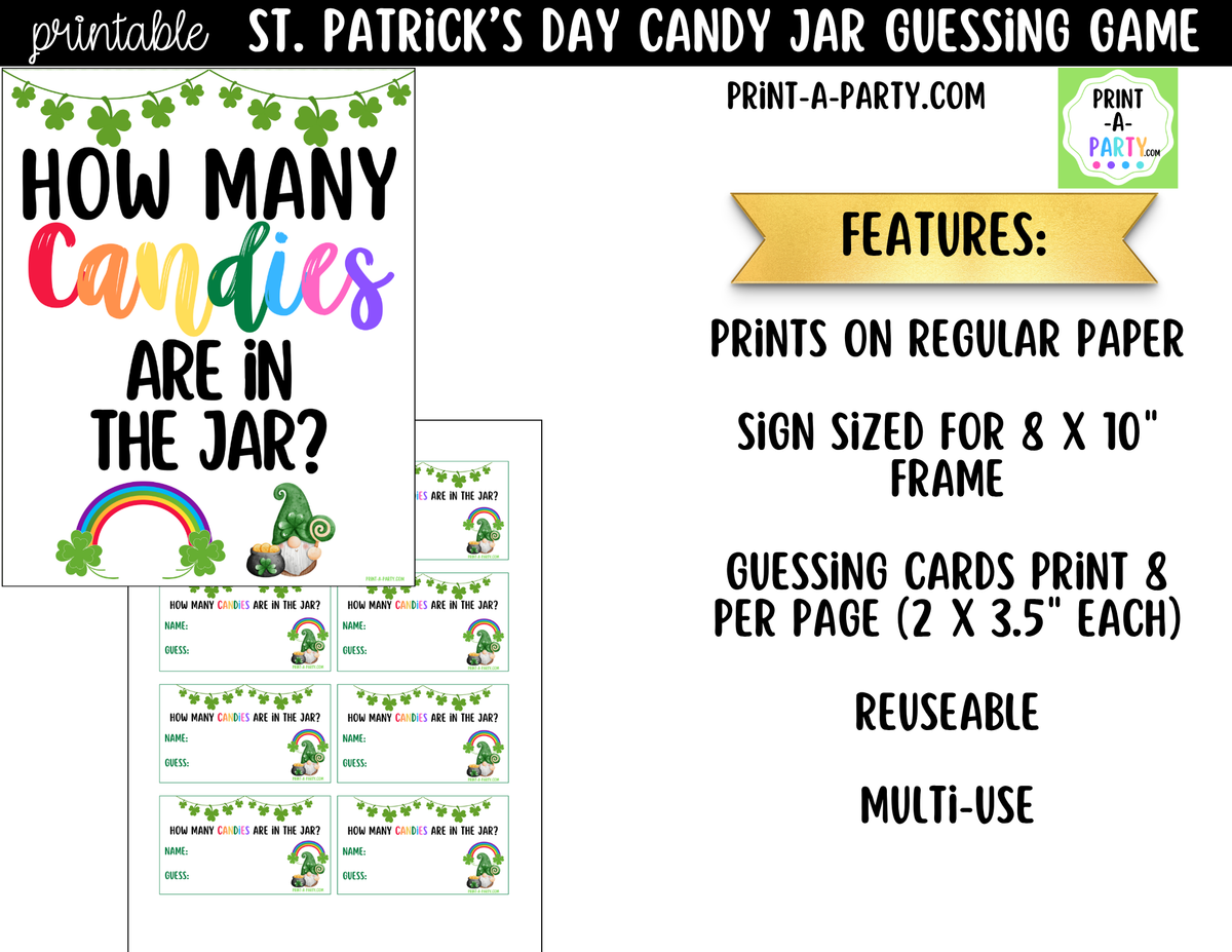 St. Patrick's Day Rainbow Candy Jar Guessing Game Printable