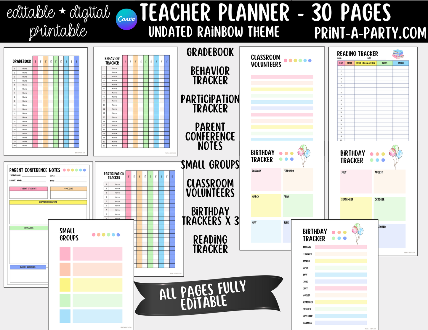 PLANNER: Editable Rainbow Teacher Planner Undated | 30-Page Canva Template with Covers