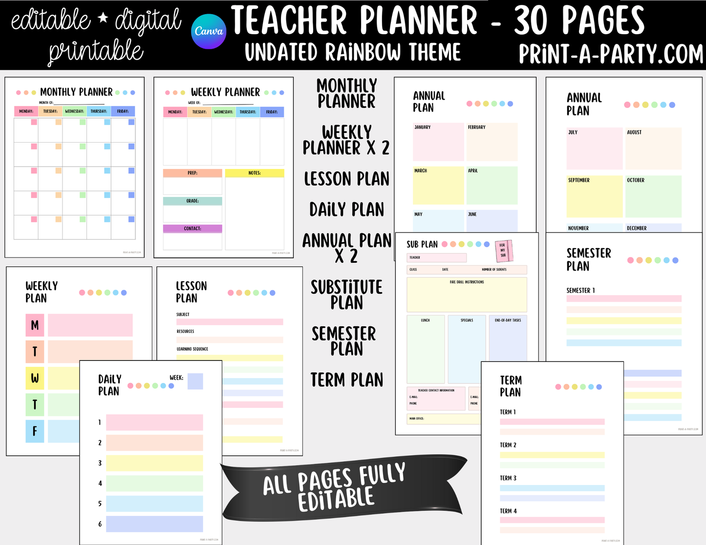 PLANNER: Editable Rainbow Teacher Planner Undated | 30-Page Canva Template with Covers