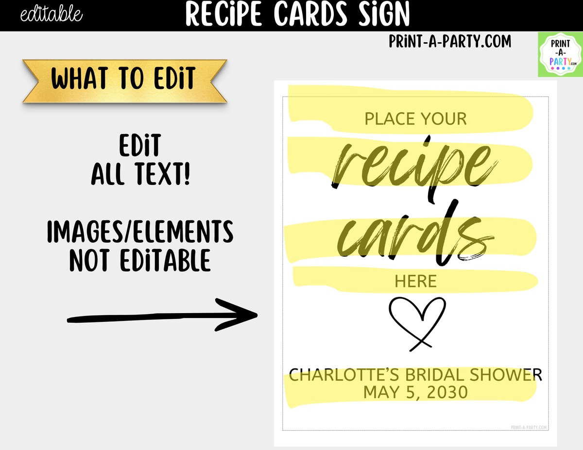 Editable Recipe Cards Sign – Please Place Cards Here | 8x10