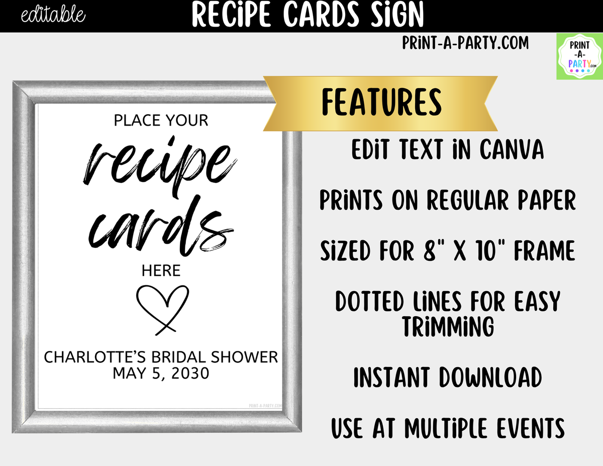 Editable Recipe Cards Sign – Please Place Cards Here | 8x10