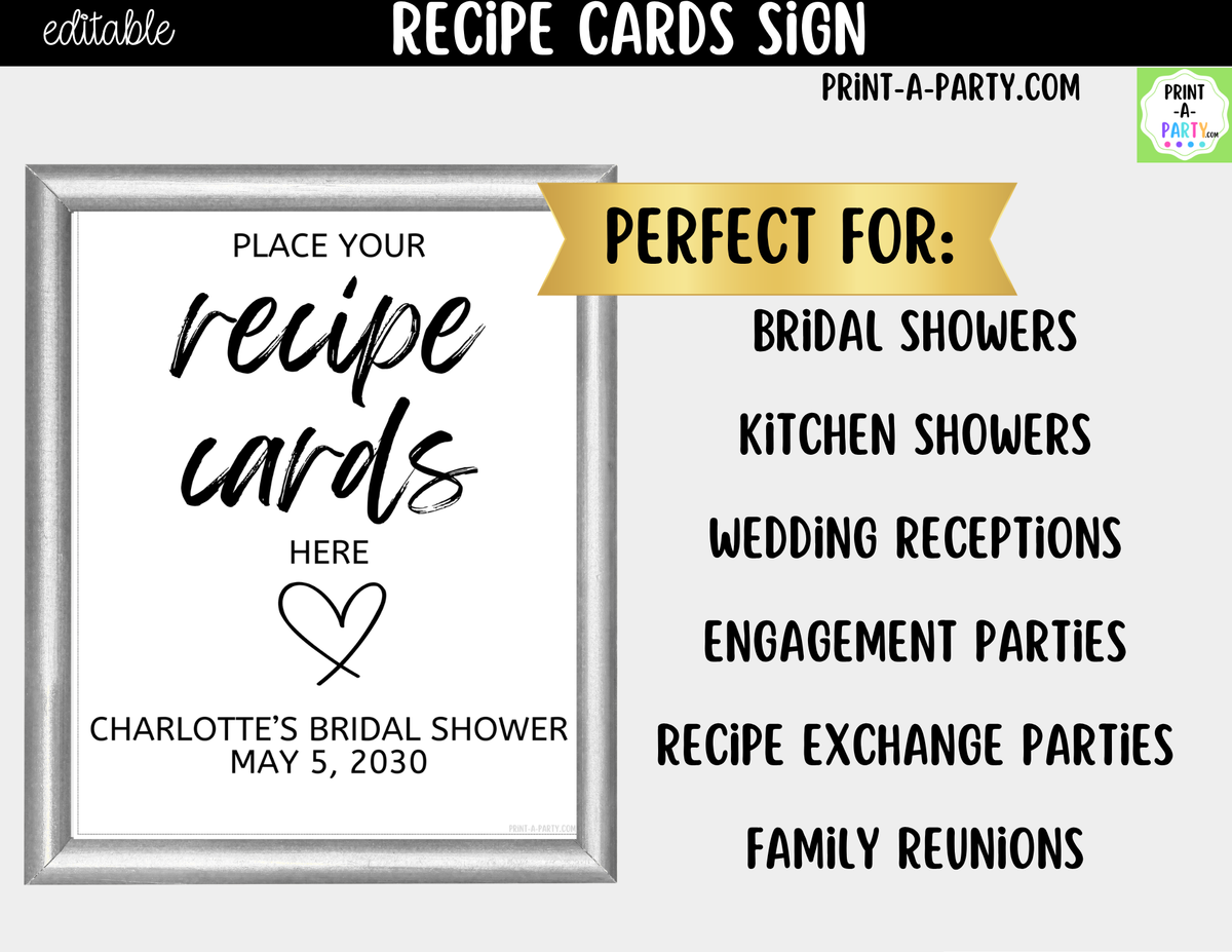 Editable Recipe Cards Sign – Please Place Cards Here | 8x10