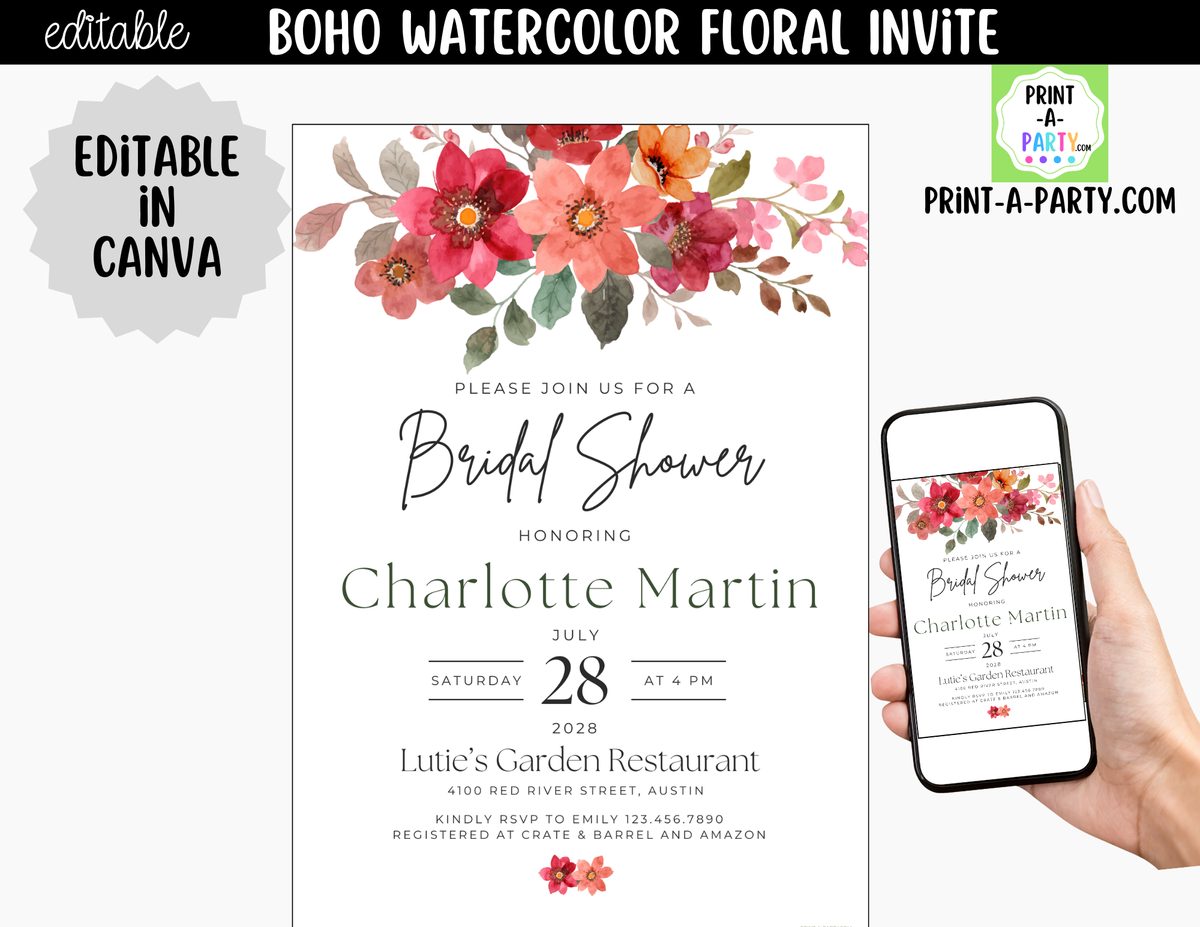 Boho Watercolor Floral Bridal Shower Invitation Canva