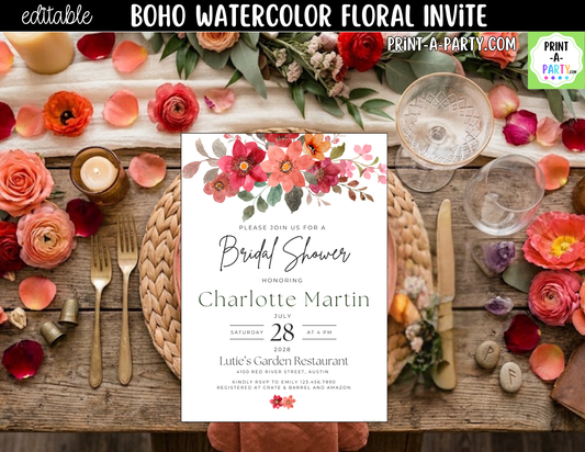 Boho Watercolor Floral Bridal Shower Invitation Canva