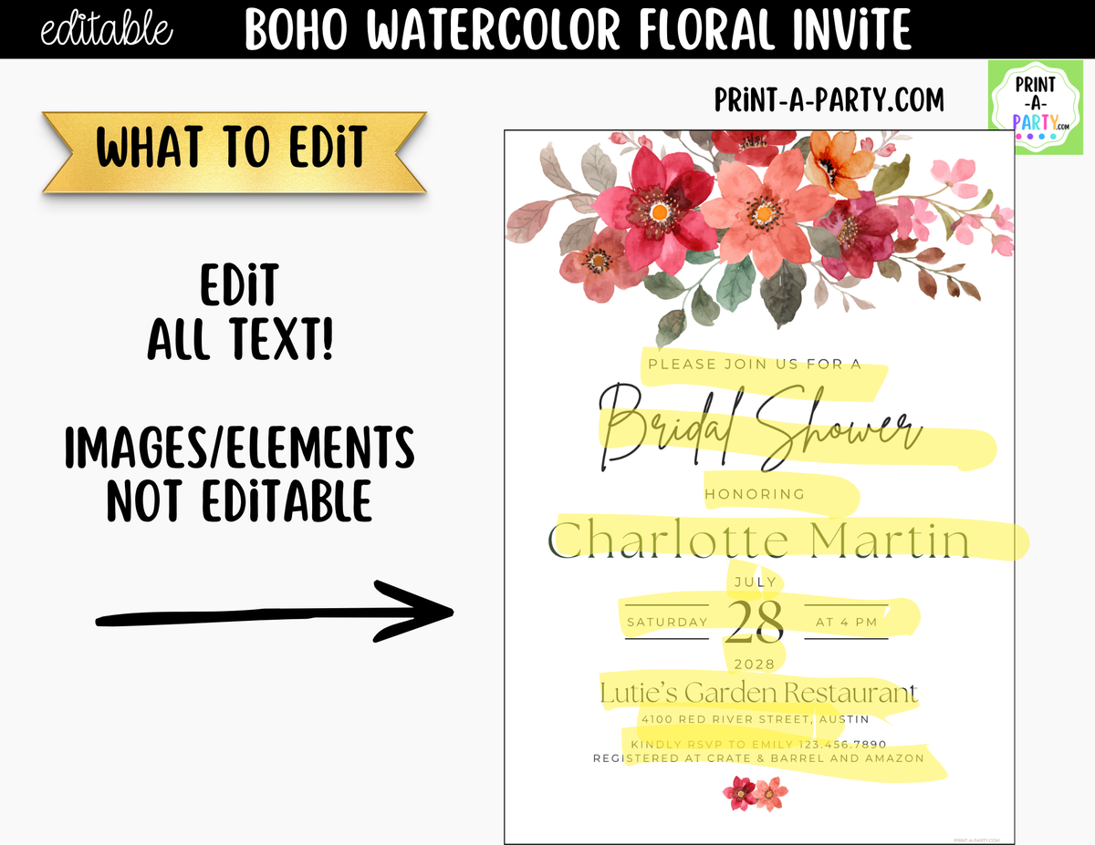Boho Watercolor Floral Bridal Shower Invitation Canva