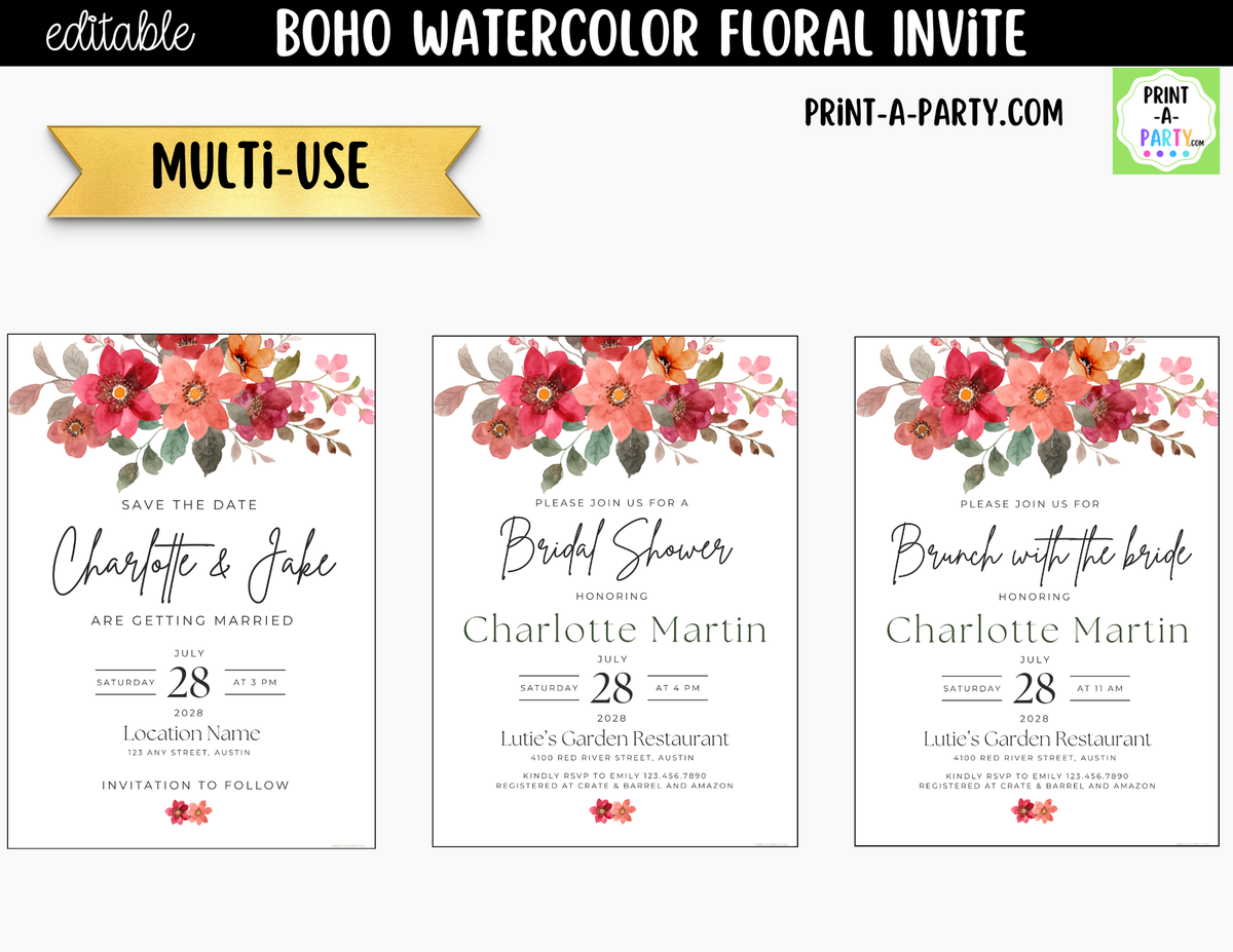 Boho Watercolor Floral Bridal Shower Invitation Canva