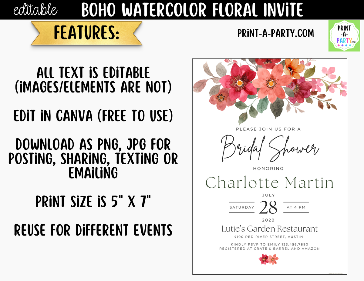 Boho Watercolor Floral Bridal Shower Invitation Canva