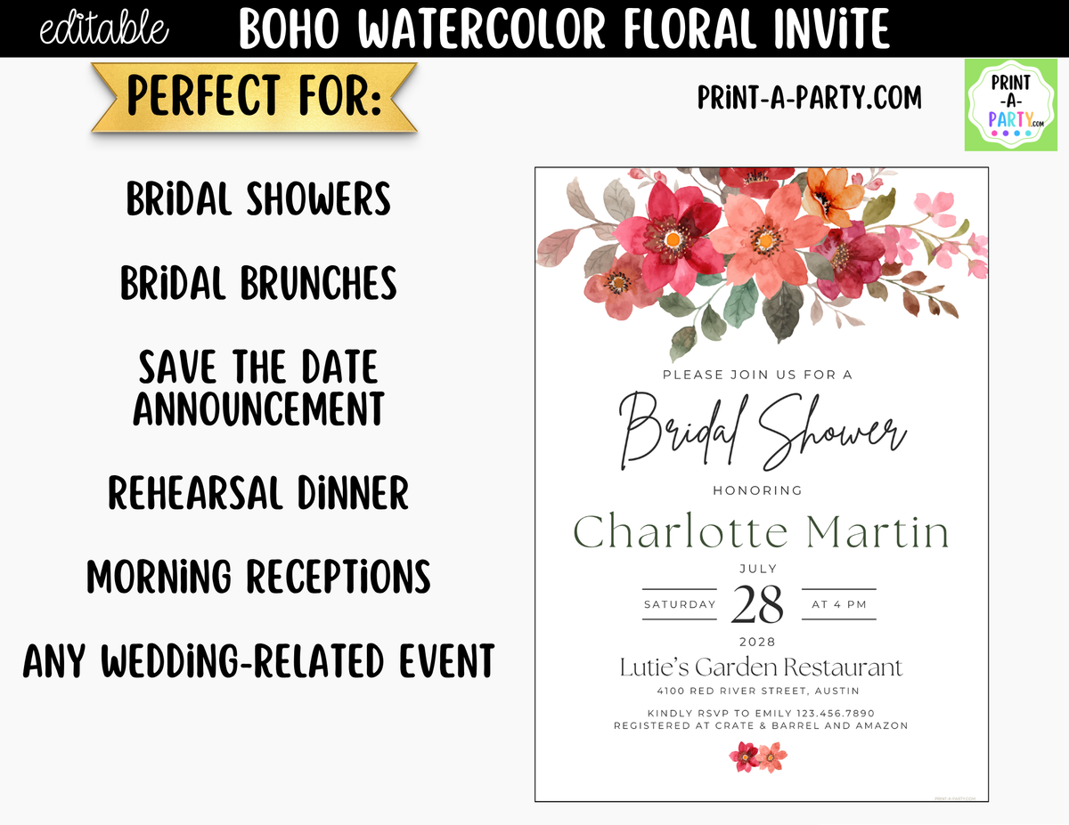 Boho Watercolor Floral Bridal Shower Invitation Canva