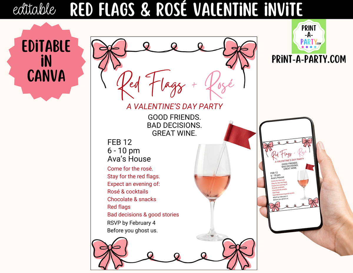 Red Flags and Rose Valentine Party Invitation – Editable Canva