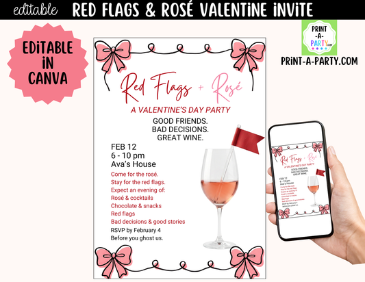 Red Flags and Rose Valentine Party Invitation – Editable Canva