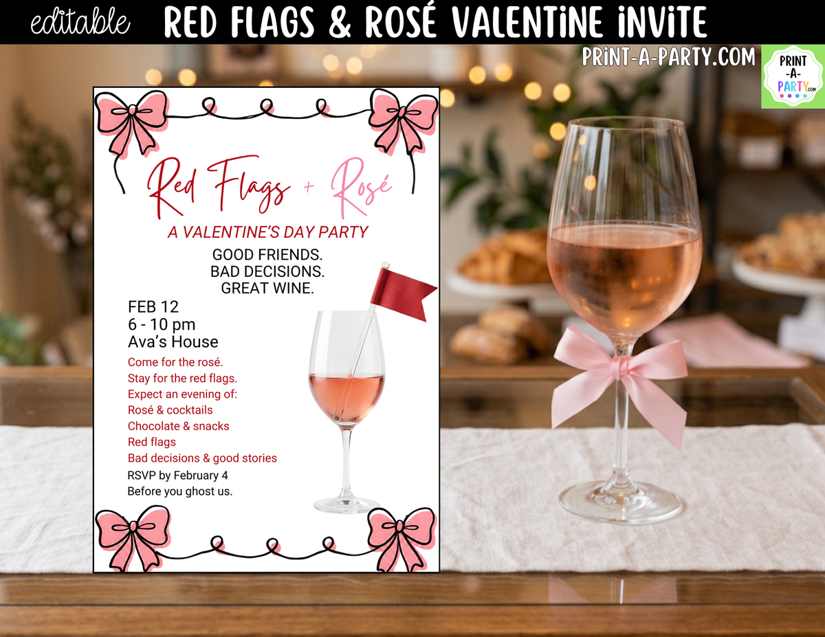 Red Flags and Rose Valentine Party Invitation – Editable Canva