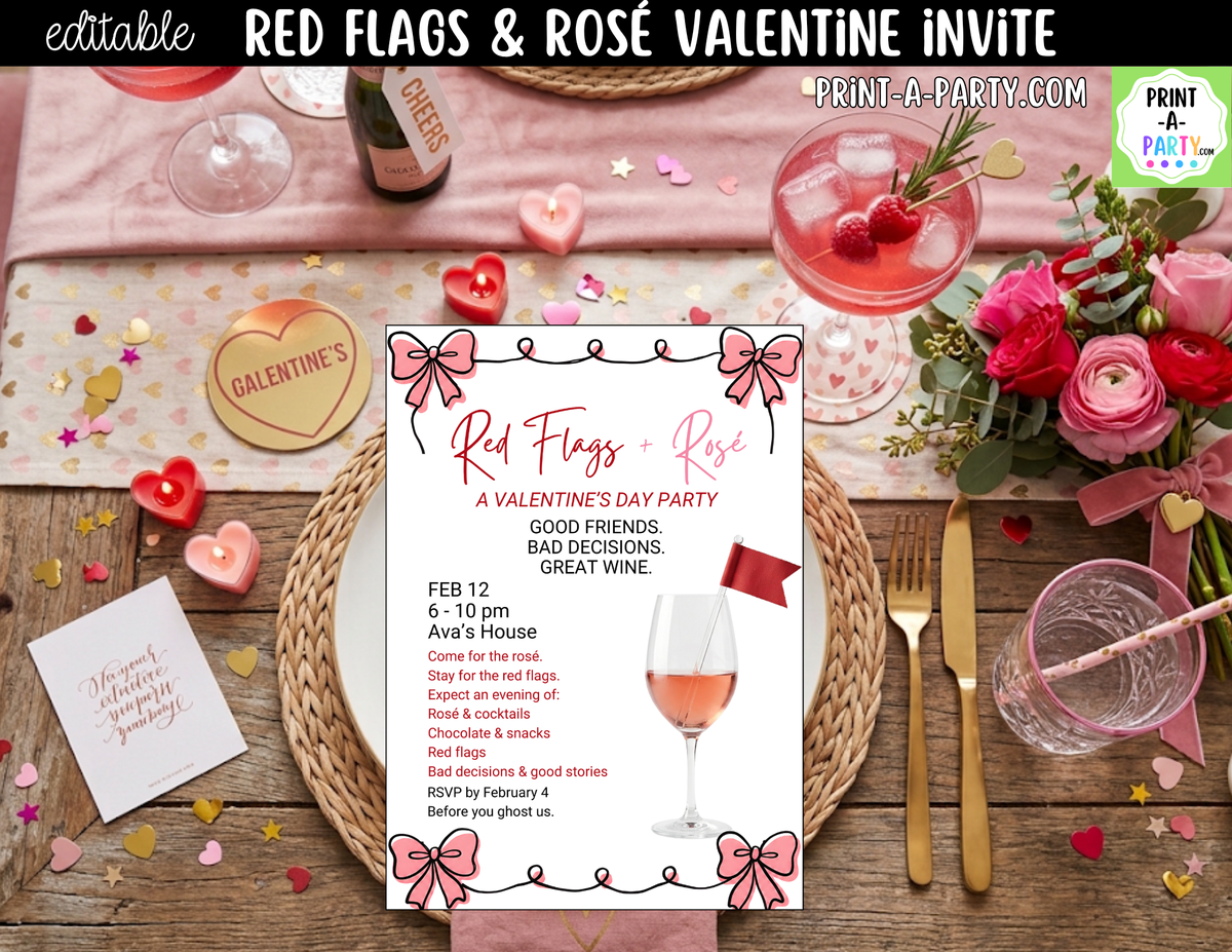 Red Flags and Rose Valentine Party Invitation – Editable Canva