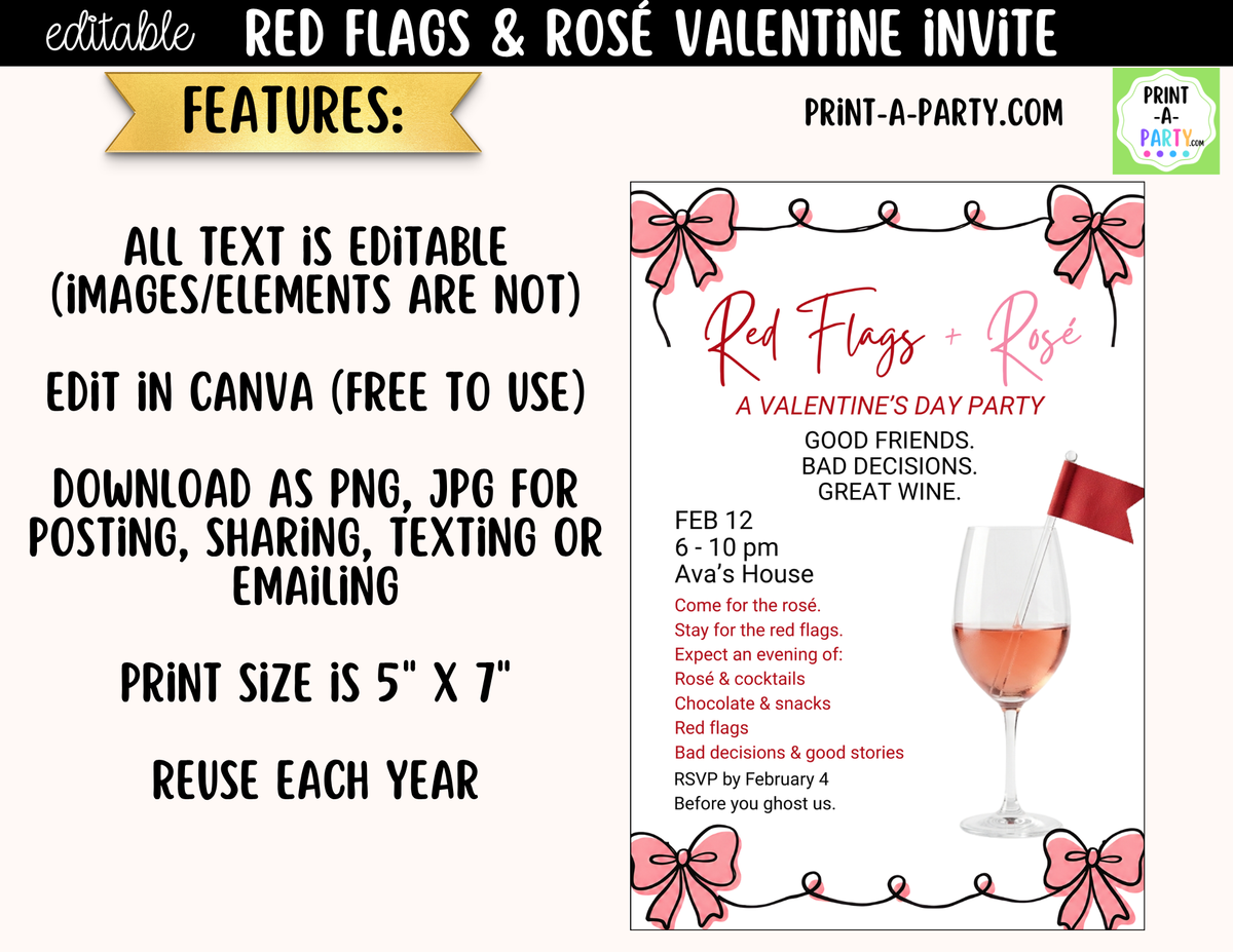 Red Flags and Rose Valentine Party Invitation – Editable Canva