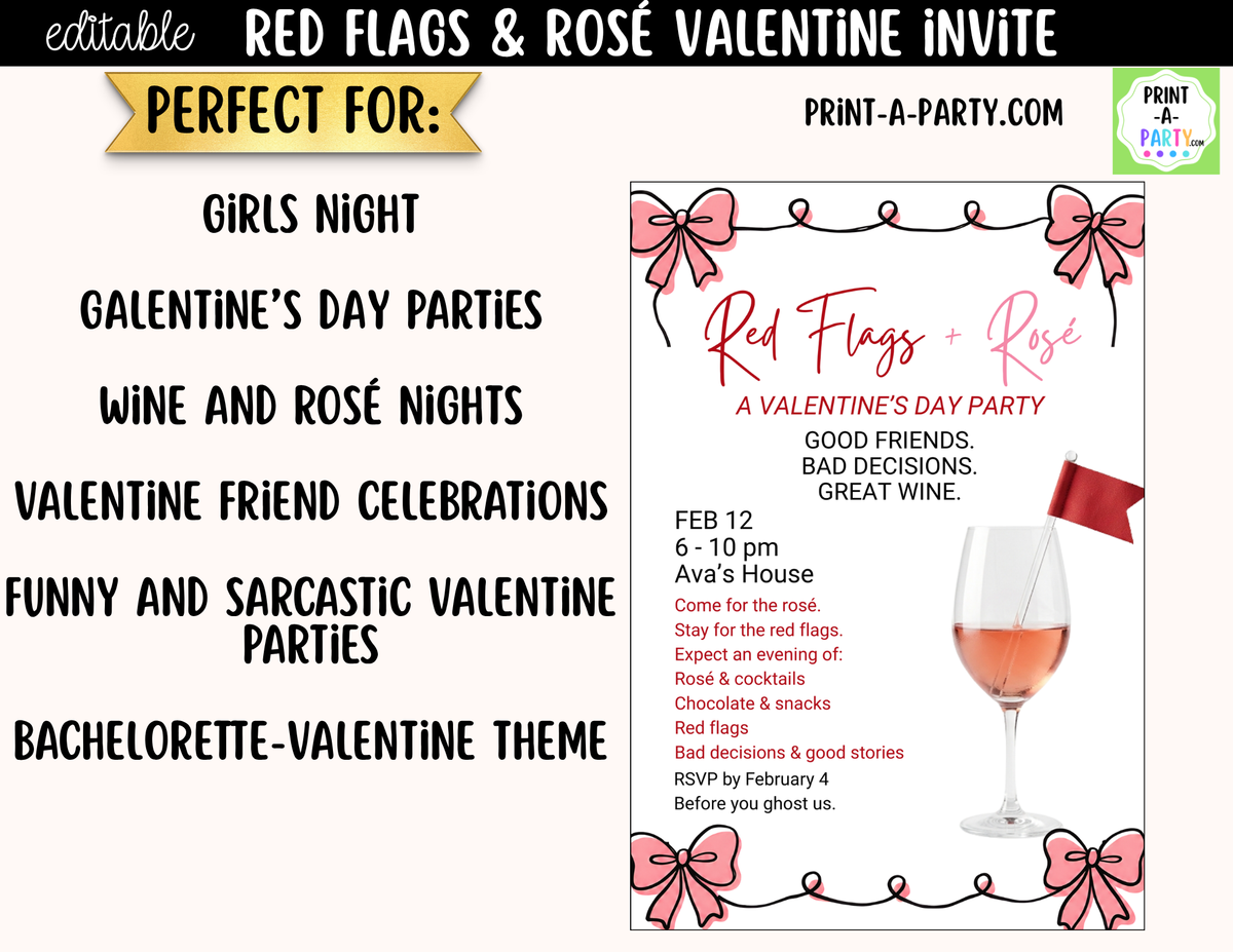 Red Flags and Rose Valentine Party Invitation – Editable Canva