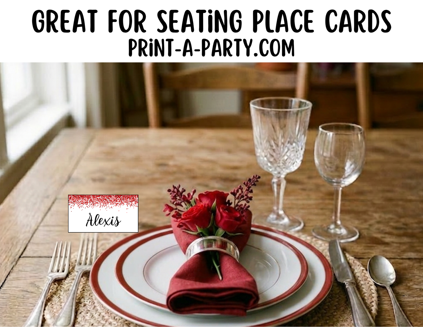 Editable Red Glitter Buffet Labels and Place Cards for Parties, Showers and Events