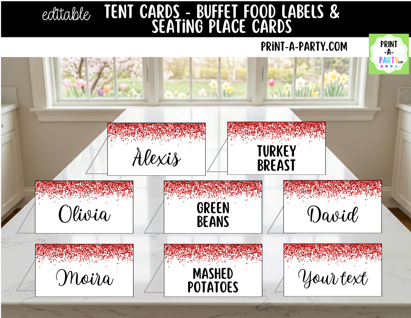 Editable Red Glitter Buffet Labels and Place Cards for Parties, Showers and Events