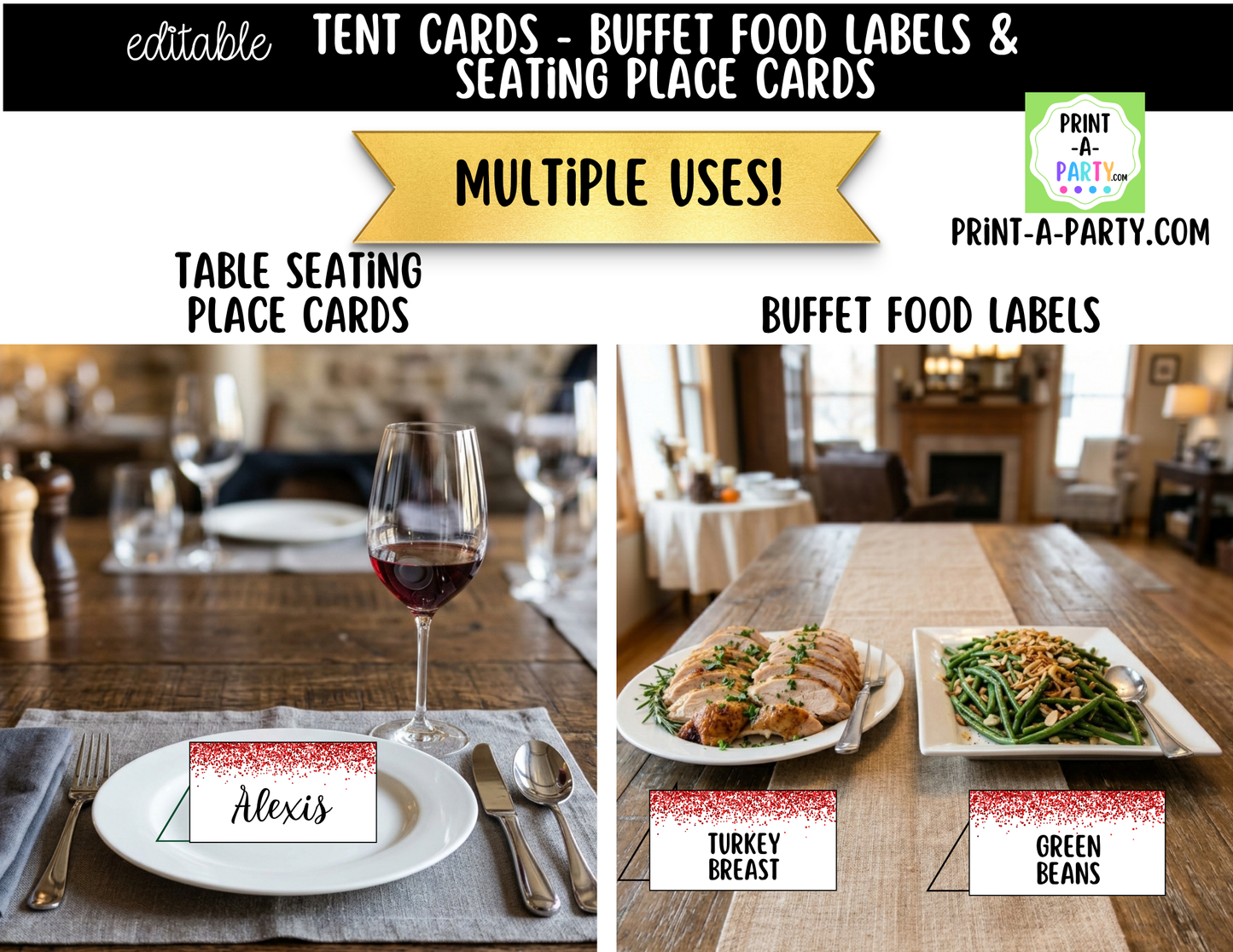 Editable Red Glitter Buffet Labels and Place Cards for Parties, Showers and Events