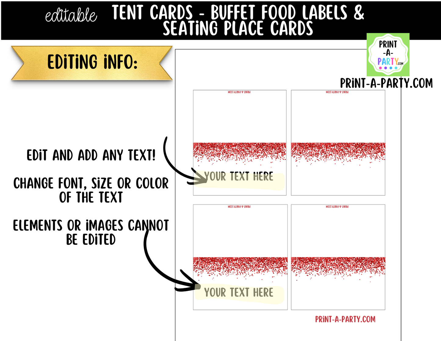 Editable Red Glitter Buffet Labels and Place Cards for Parties, Showers and Events