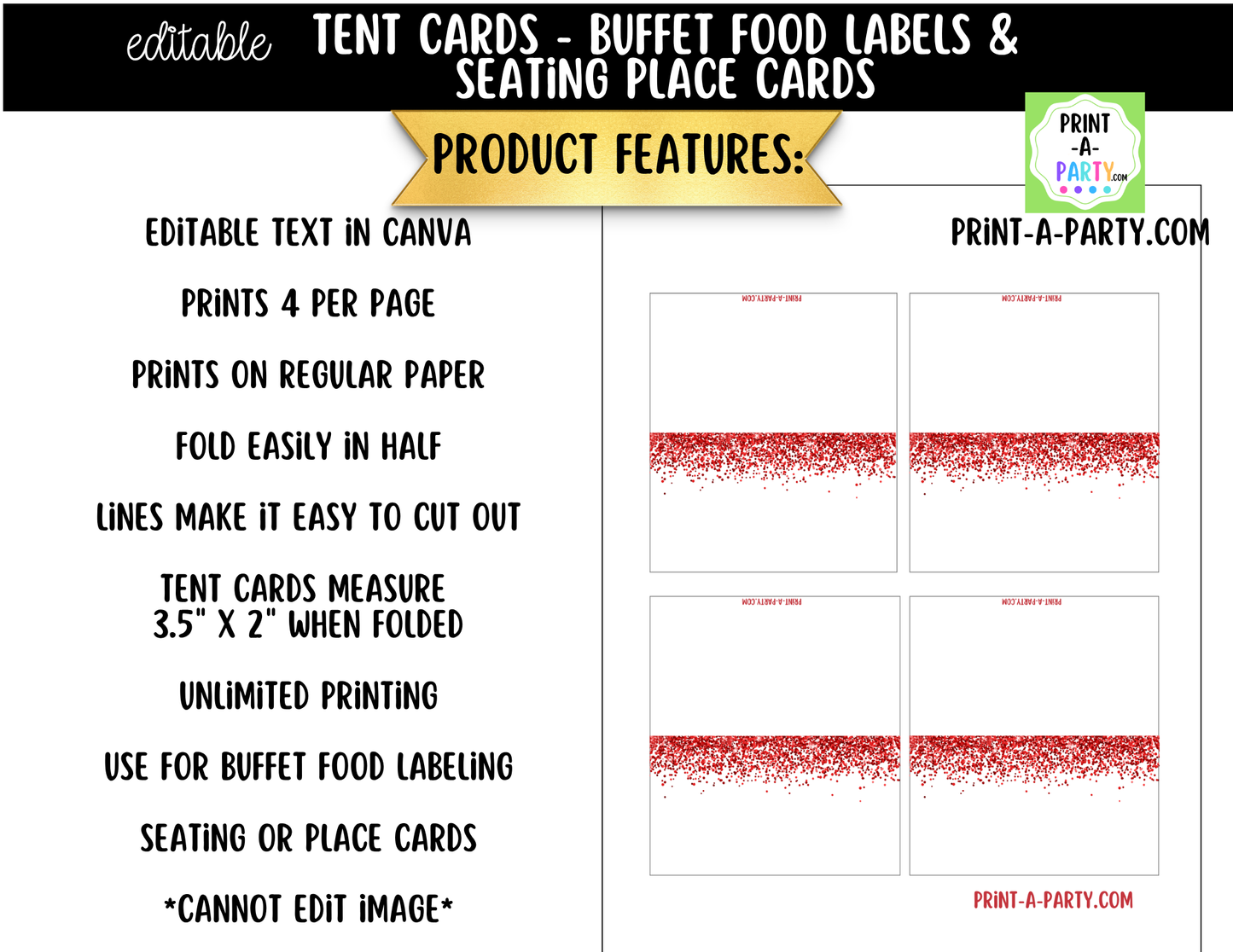 Editable Red Glitter Buffet Labels and Place Cards for Parties, Showers and Events