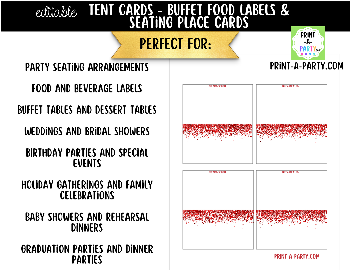 Editable Red Glitter Buffet Labels and Place Cards for Parties, Showers and Events