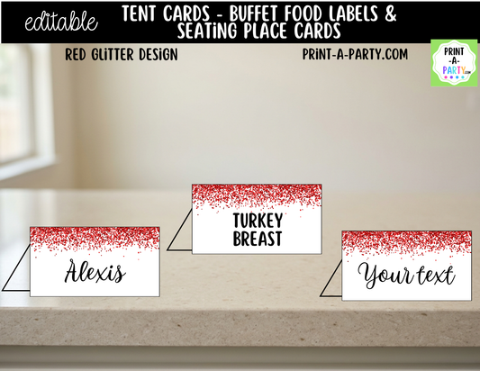 Editable Red Glitter Buffet Labels and Place Cards for Parties, Showers and Events