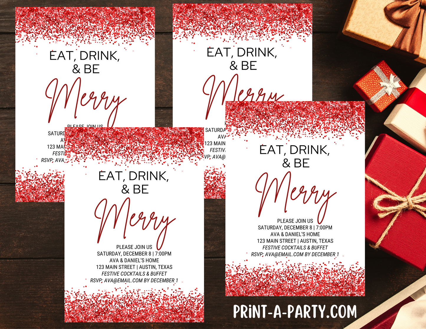 CHRISTMAS EDITABLE INVITATION: RED GLITTER CHRISTMAS HOLIDAY PARTY | Christmas Party Invite | Holiday Party Invite | Christmas Party Customization