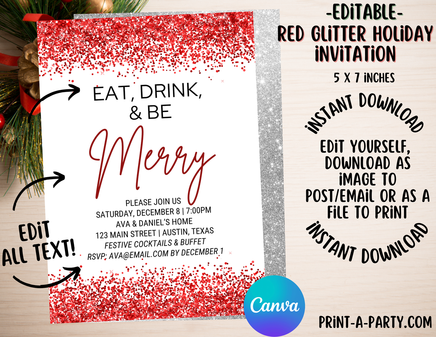 CHRISTMAS EDITABLE INVITATION: RED GLITTER CHRISTMAS HOLIDAY PARTY | Christmas Party Invite | Holiday Party Invite | Christmas Party Customization