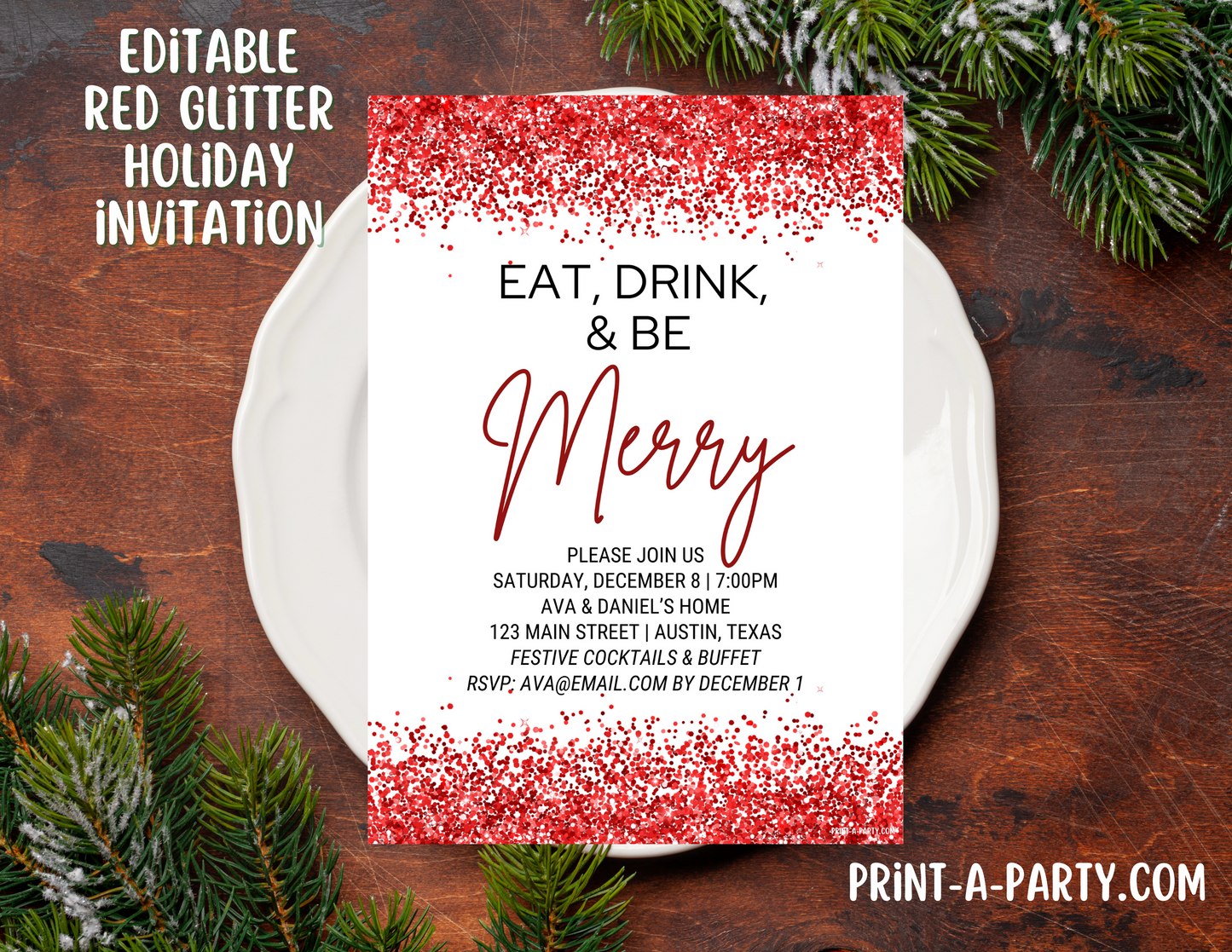 CHRISTMAS EDITABLE INVITATION: RED GLITTER CHRISTMAS HOLIDAY PARTY | Christmas Party Invite | Holiday Party Invite | Christmas Party Customization