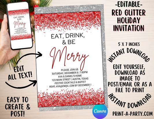 CHRISTMAS EDITABLE INVITATION: RED GLITTER CHRISTMAS HOLIDAY PARTY - EDITABLE PRINTABLE | Christmas Party Invite | Holiday Party Invite | Christmas Party Customization