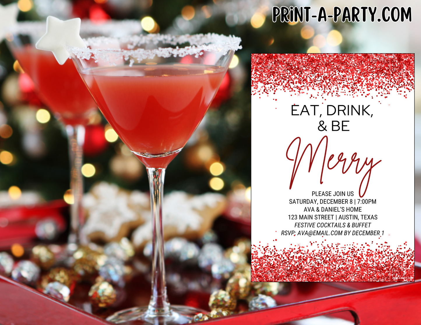 EAT, DRINK & BE MERRY Editable Christmas Party Invitation Template for Easy Sharing Posting or Printing