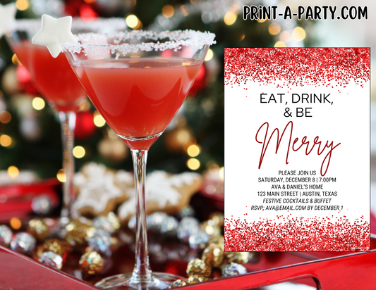 EAT, DRINK & BE MERRY Editable Christmas Party Invitation Template for Easy Sharing Posting or Printing