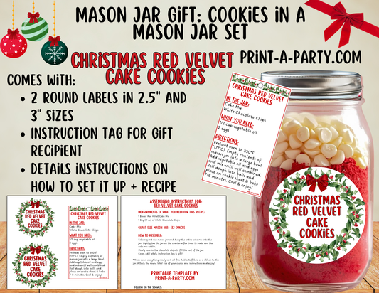 MASON JAR GIFT: Christmas Red Velvet Cake Cookies in a Mason Jar Printable Kit -  DIY Gift Idea for the Holidays