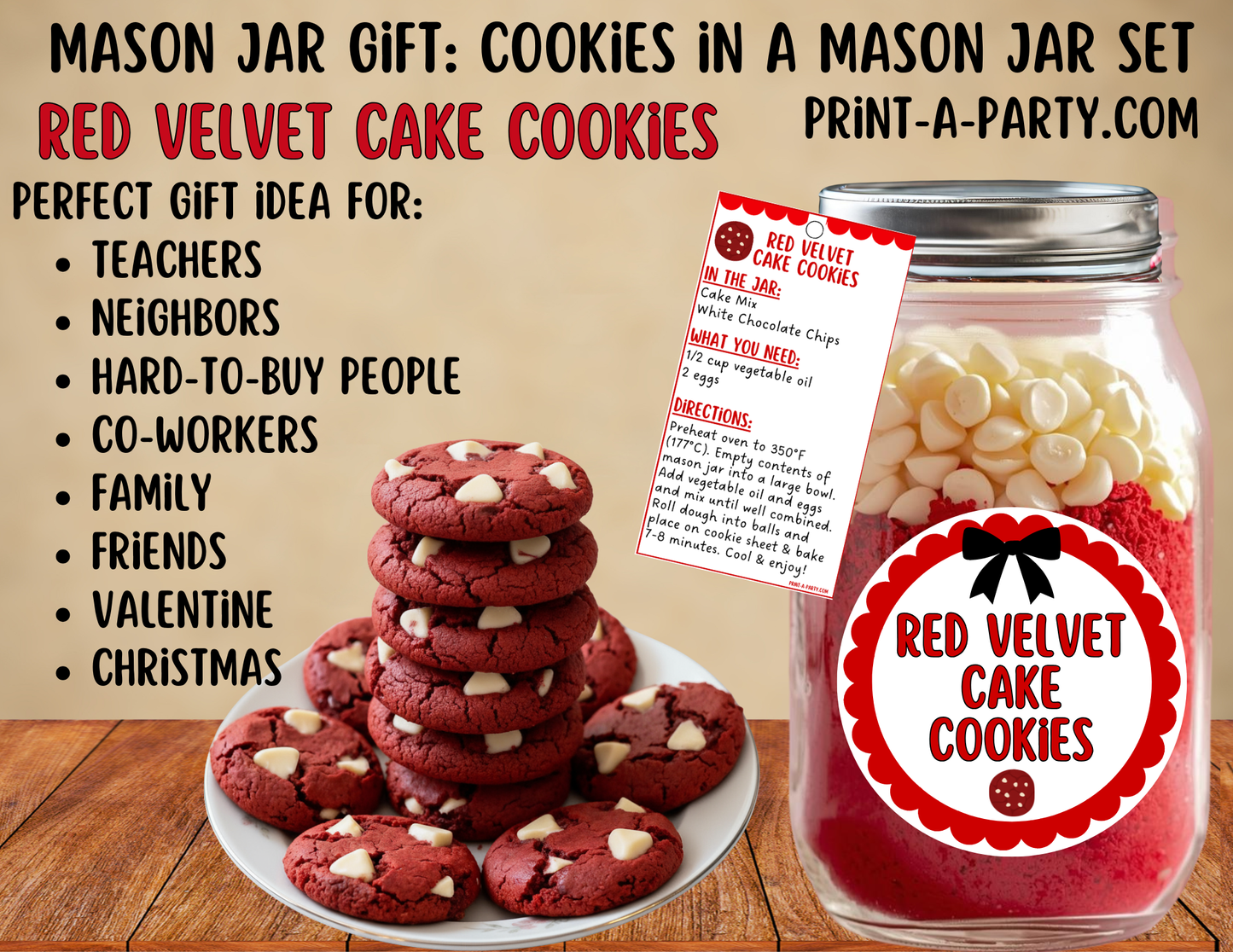 Red Velvet Cake Cookies in a Printable Mason Jar Gift - Labels & Tag, Recipe Instructions