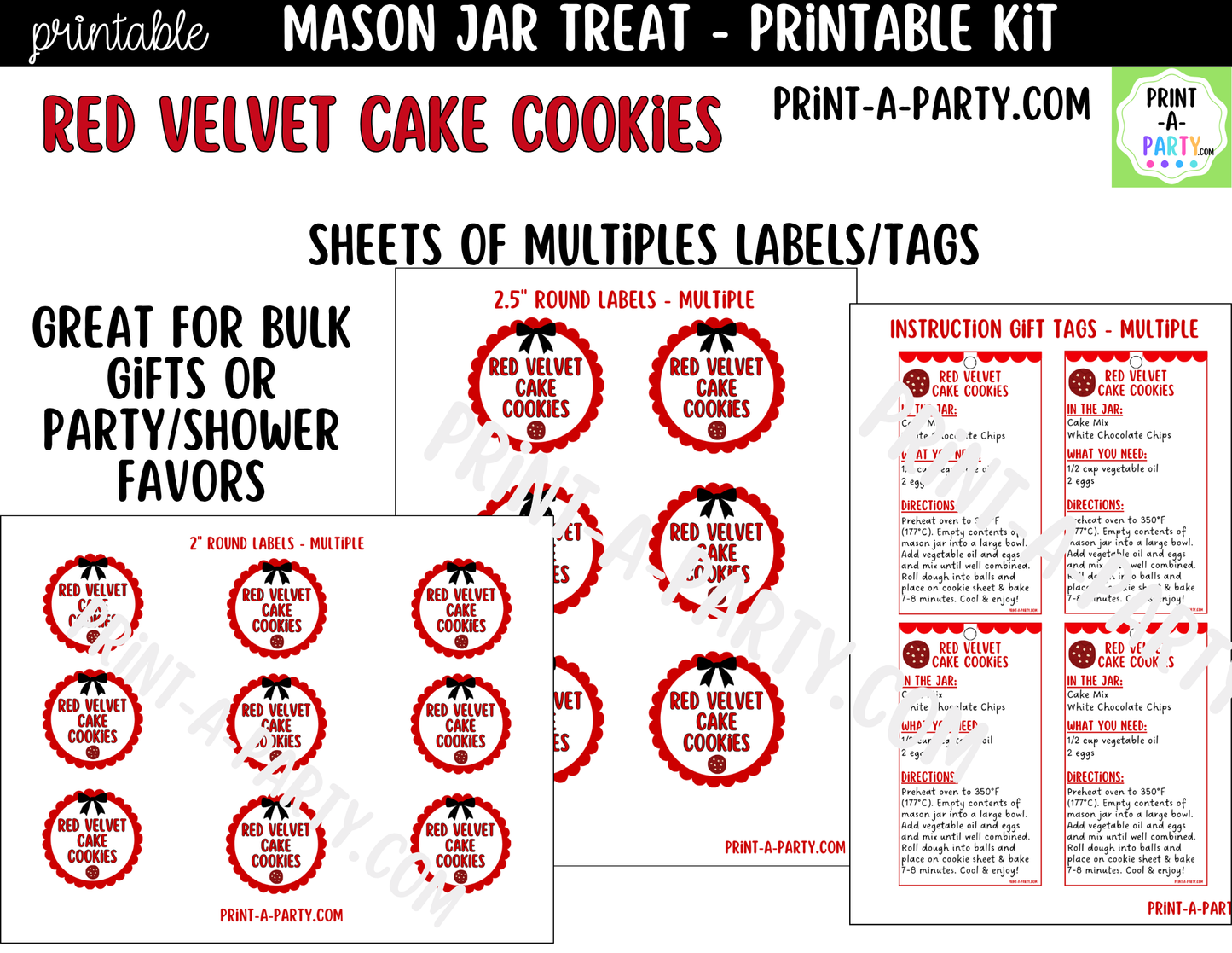 Red Velvet Cake Cookies in a Mason Jar Gift Printable Kit - Labels, Tag, Recipe & Instructions