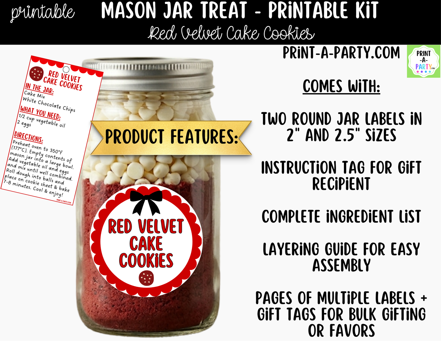 Red Velvet Cake Cookies in a Mason Jar Gift Printable Kit - Labels, Tag, Recipe & Instructions