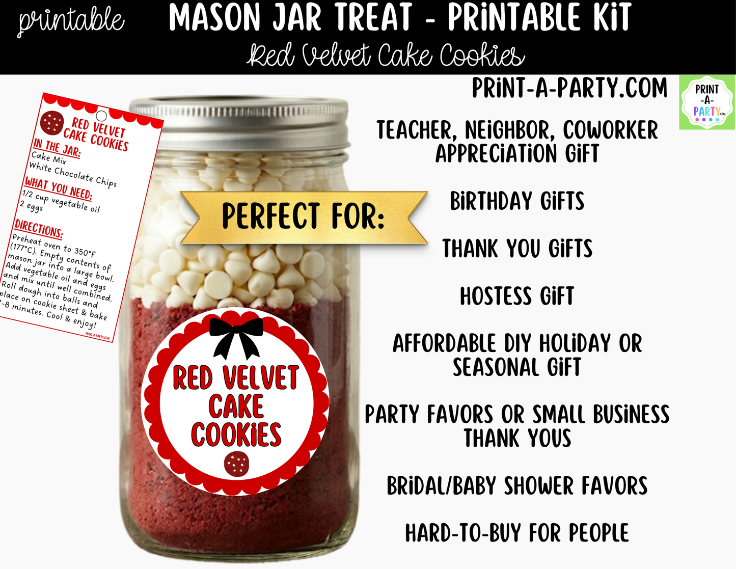 Red Velvet Cake Cookies in a Mason Jar Gift Printable Kit - Labels, Tag, Recipe & Instructions